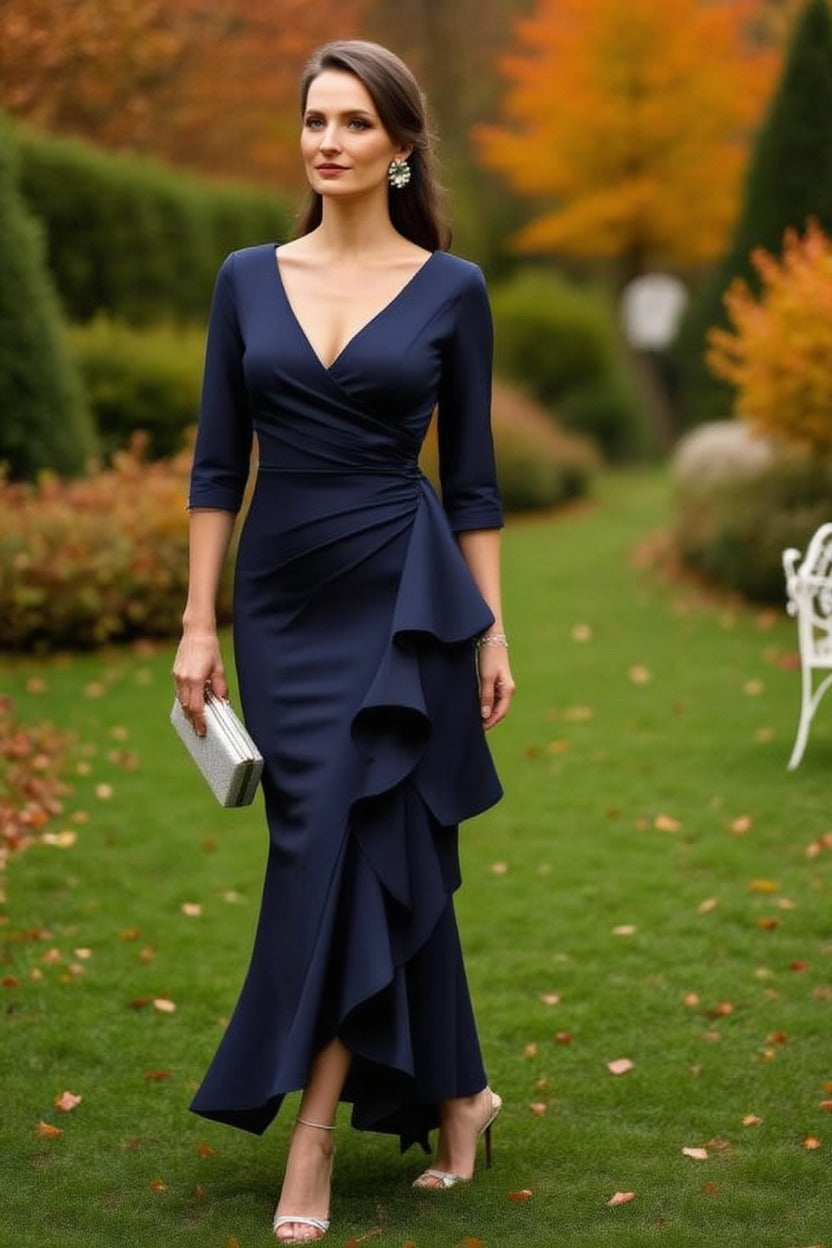 Navy Blue Ruffled Asymmetric Maxi Dress
