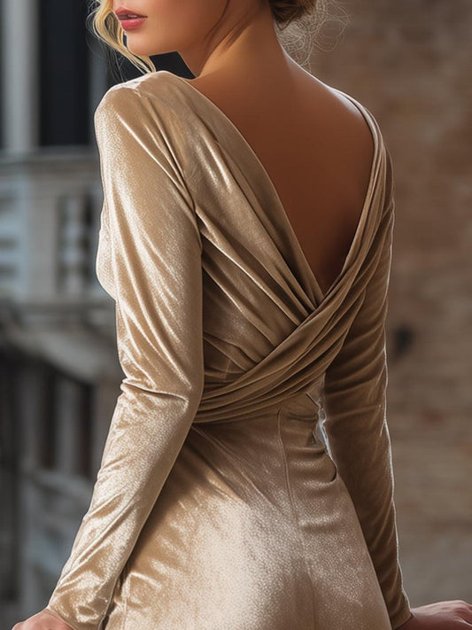 Blue Long Sleeve V-Neck Midi Dress