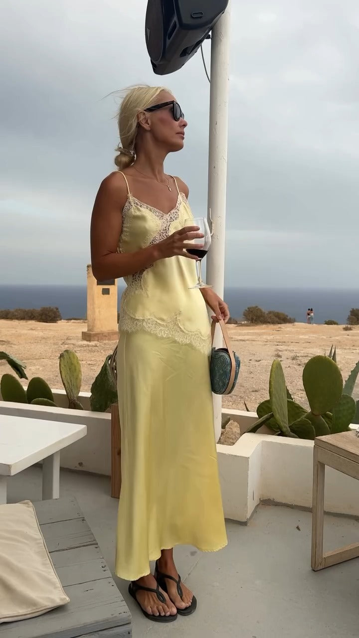 Yellow Lace-Trimmed Satin Slip Maxi Dress