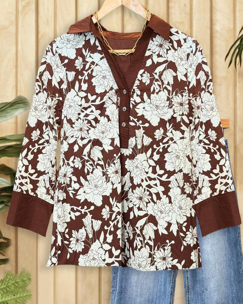 Coffee Long Sleeve Collared Top