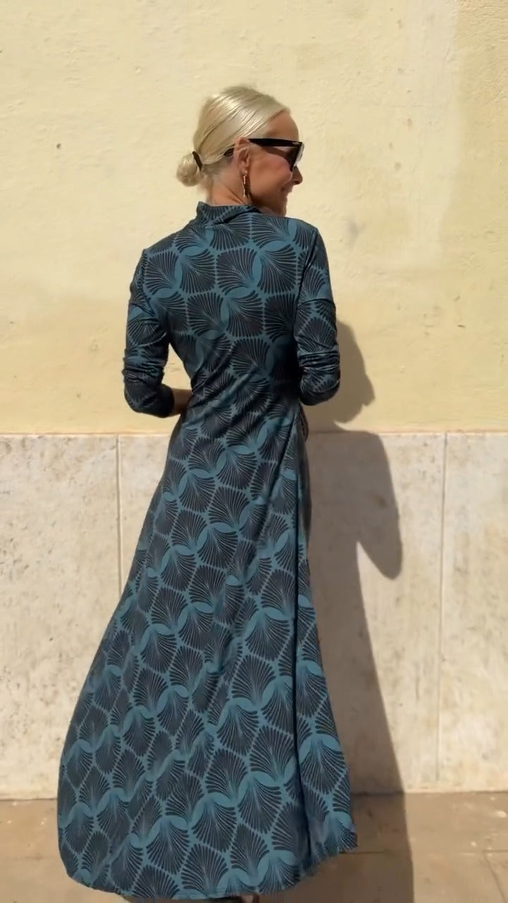 Teal Geometric Print High-Neck Maxi Dress