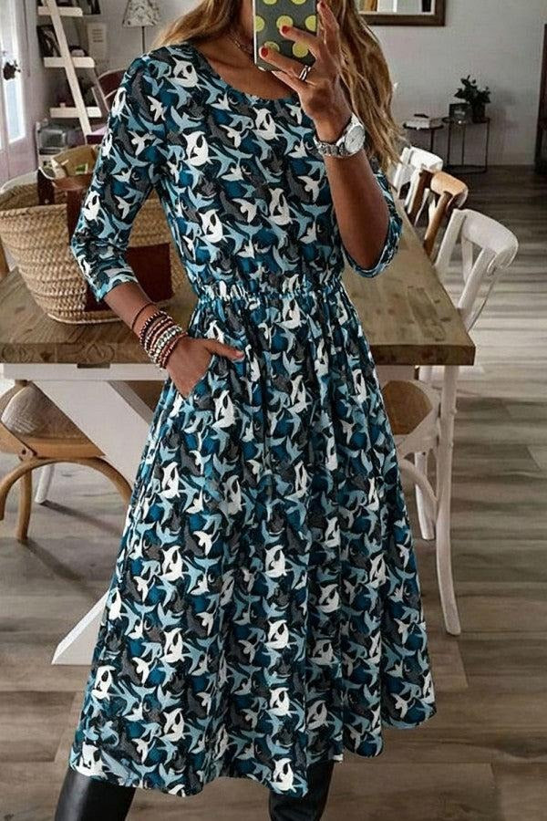 Fresh Long Sleeve Blue Midi Dress