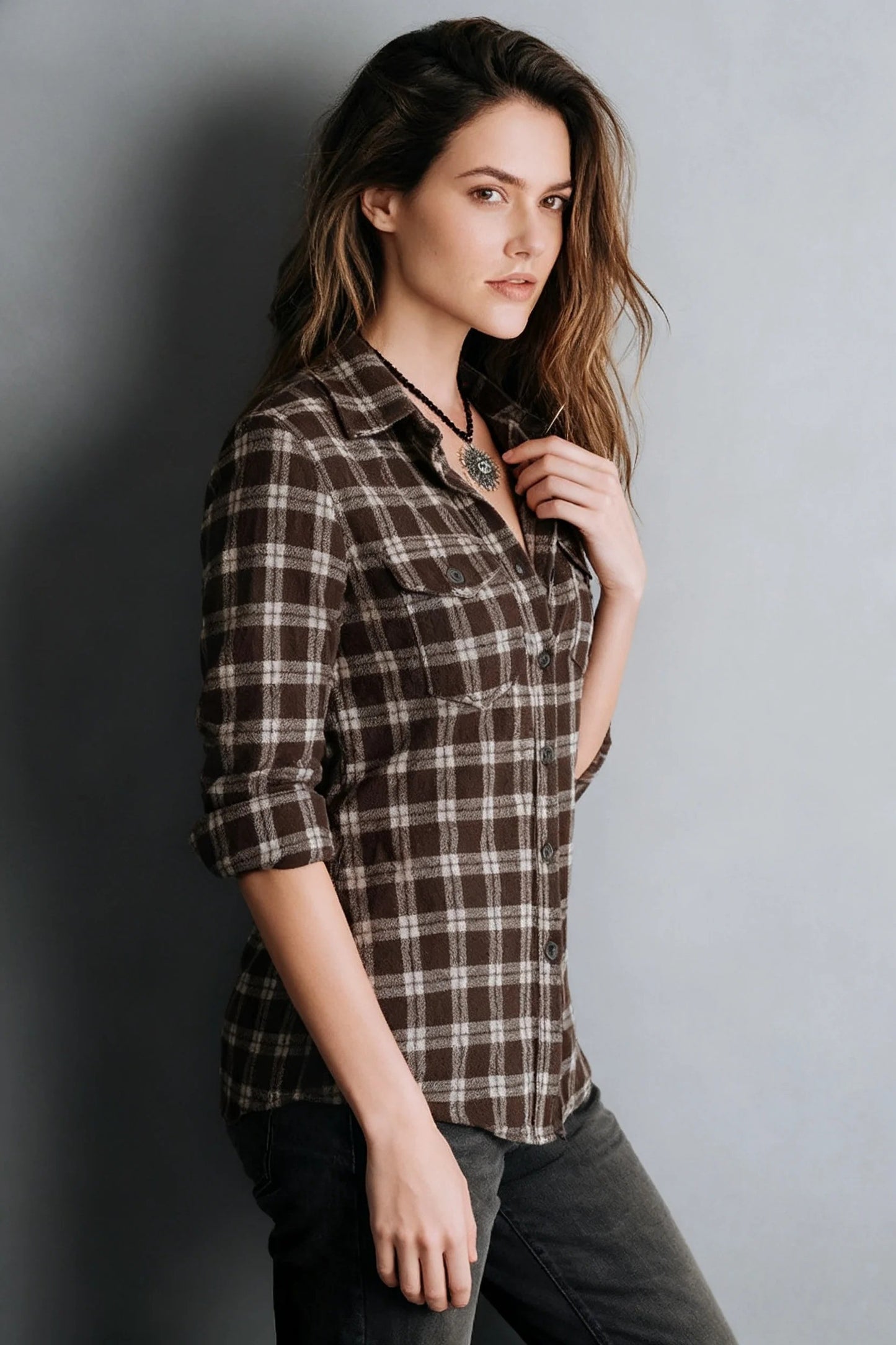 Brown Long Sleeve Check Top