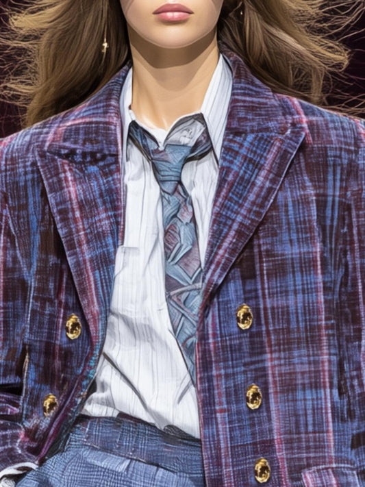 Purple Plaid Long Sleeve Blazer