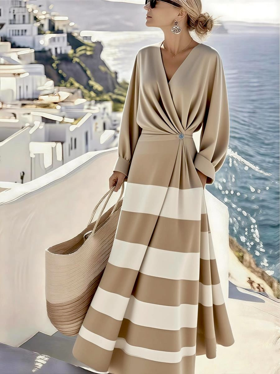 Stylish Color Block V-Neck Maxi Dress