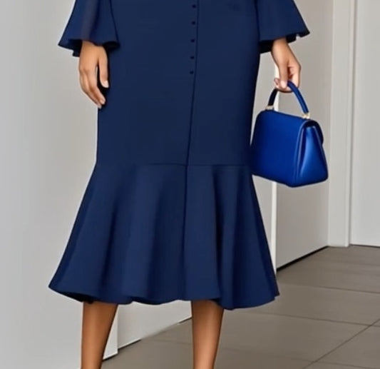 Blue V-Neck Long Sleeve Midi Dress