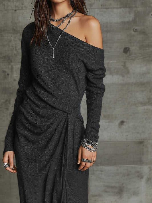 Black Long Sleeve Plain Midi Dress