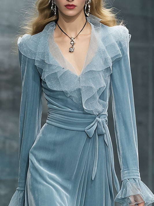 Retro And Fashionable Gauze Collar Light Blue Velvet Maxi Dress