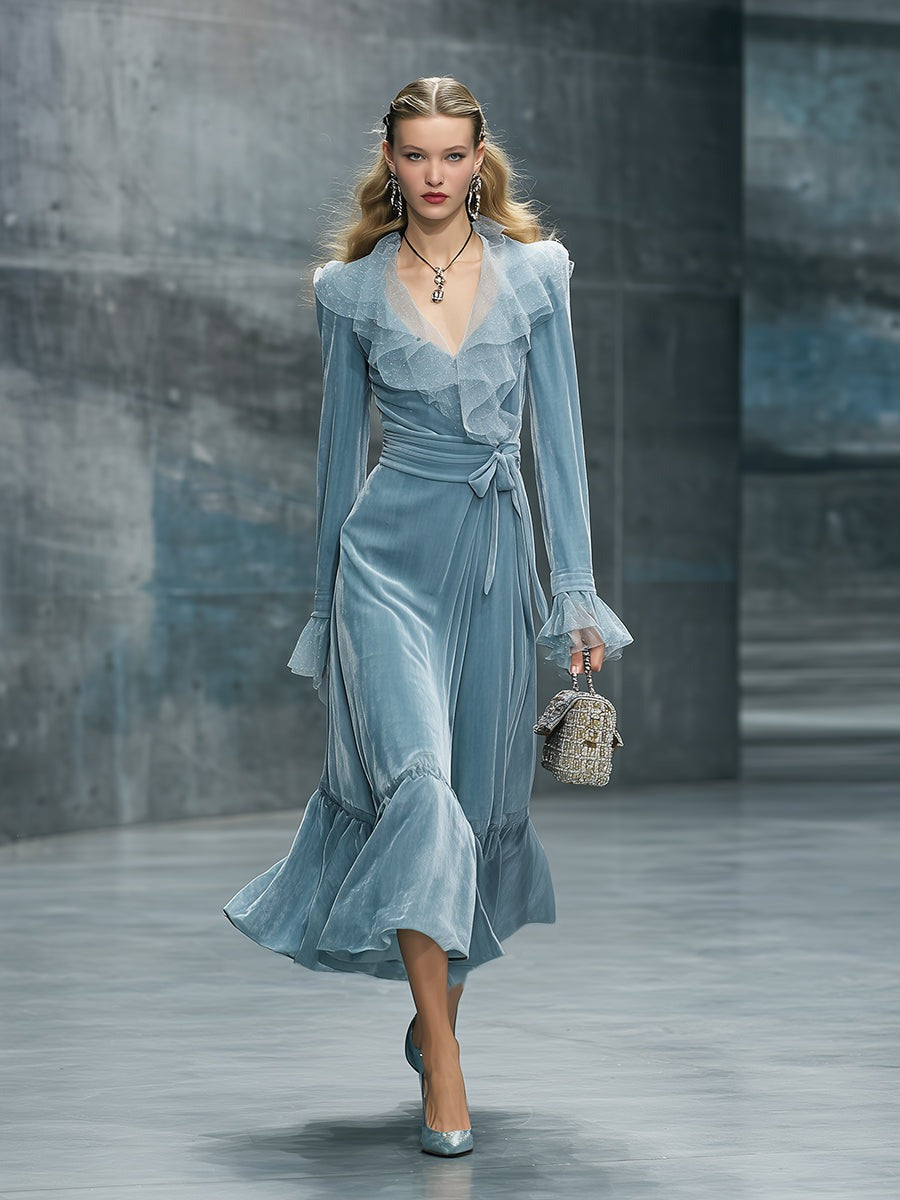 Retro And Fashionable Gauze Collar Light Blue Velvet Maxi Dress
