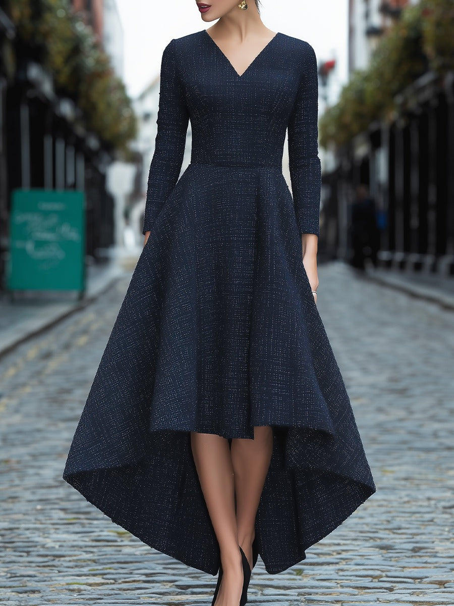 Navy Tweed V-Neck High-Low Hem Dress
