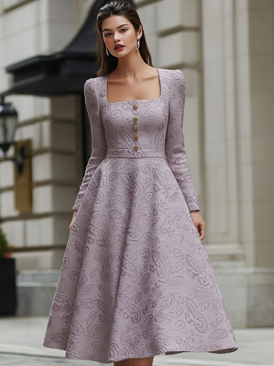 Light Lavender Jacquard Midi Dress With Square Neckline