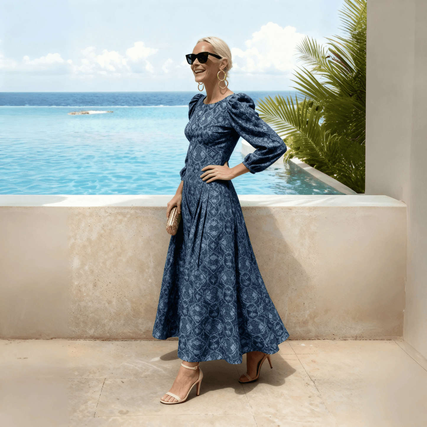 Blue Floral Print Puff-Sleeve Maxi Dress