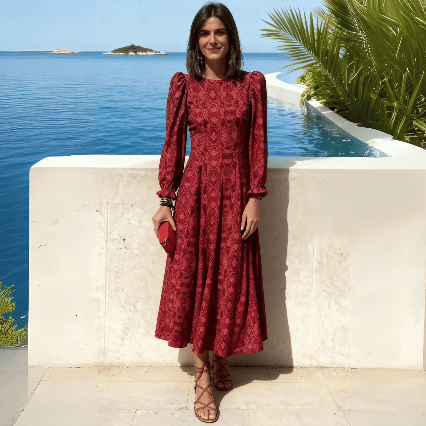 Burgundy Patterned Puff-Sleeve Midi Dress