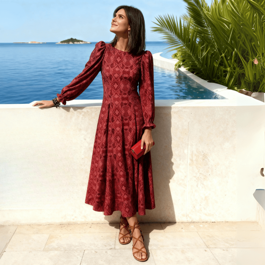 Burgundy Patterned Puff-Sleeve Midi Dress