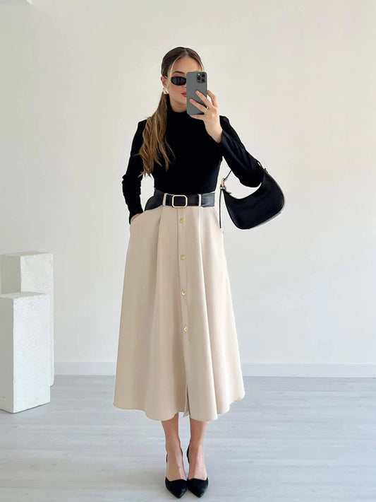 Beige Button-Front A-Line Midi Dress