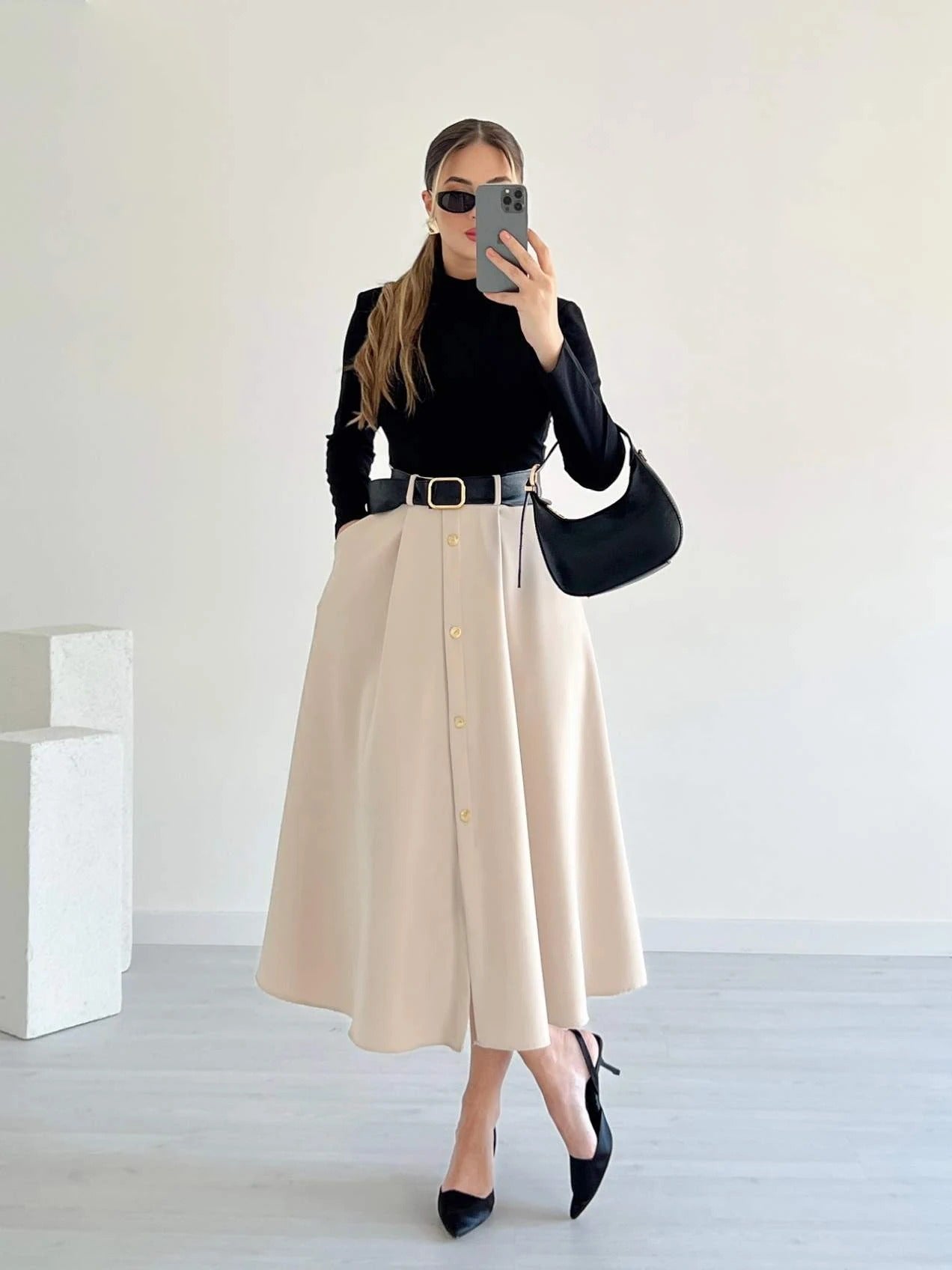 Beige Button-Front A-Line Midi Dress