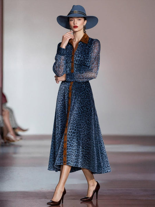 Blue Long Sleeve Leopard Midi Dress