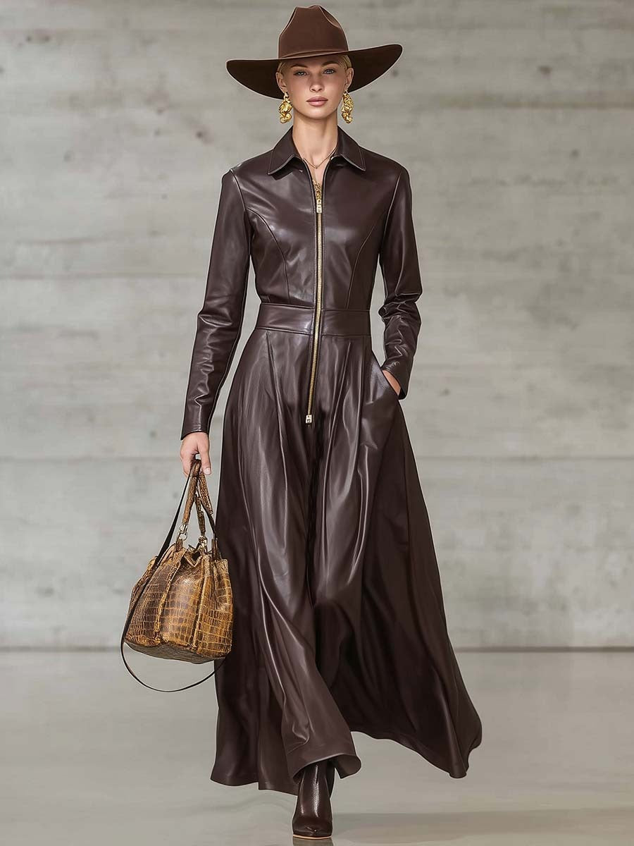 Exquisite Temperament Front Zip Long Sleeve High Quality Brown Leather Midi Dress