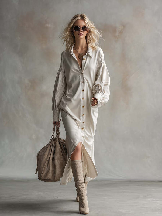 Fashionable And Casual White Lapel Front Button PU Maxi Dress