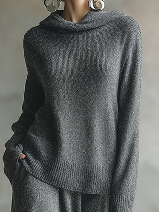 Elegant Minimalist Gray Hooded Sweater Skirt Set