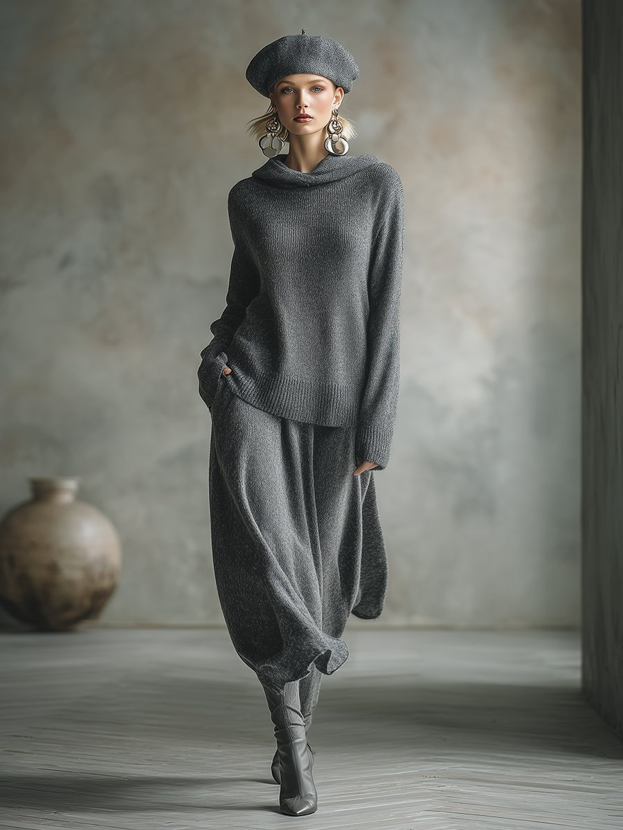 Elegant Minimalist Gray Hooded Sweater Skirt Set