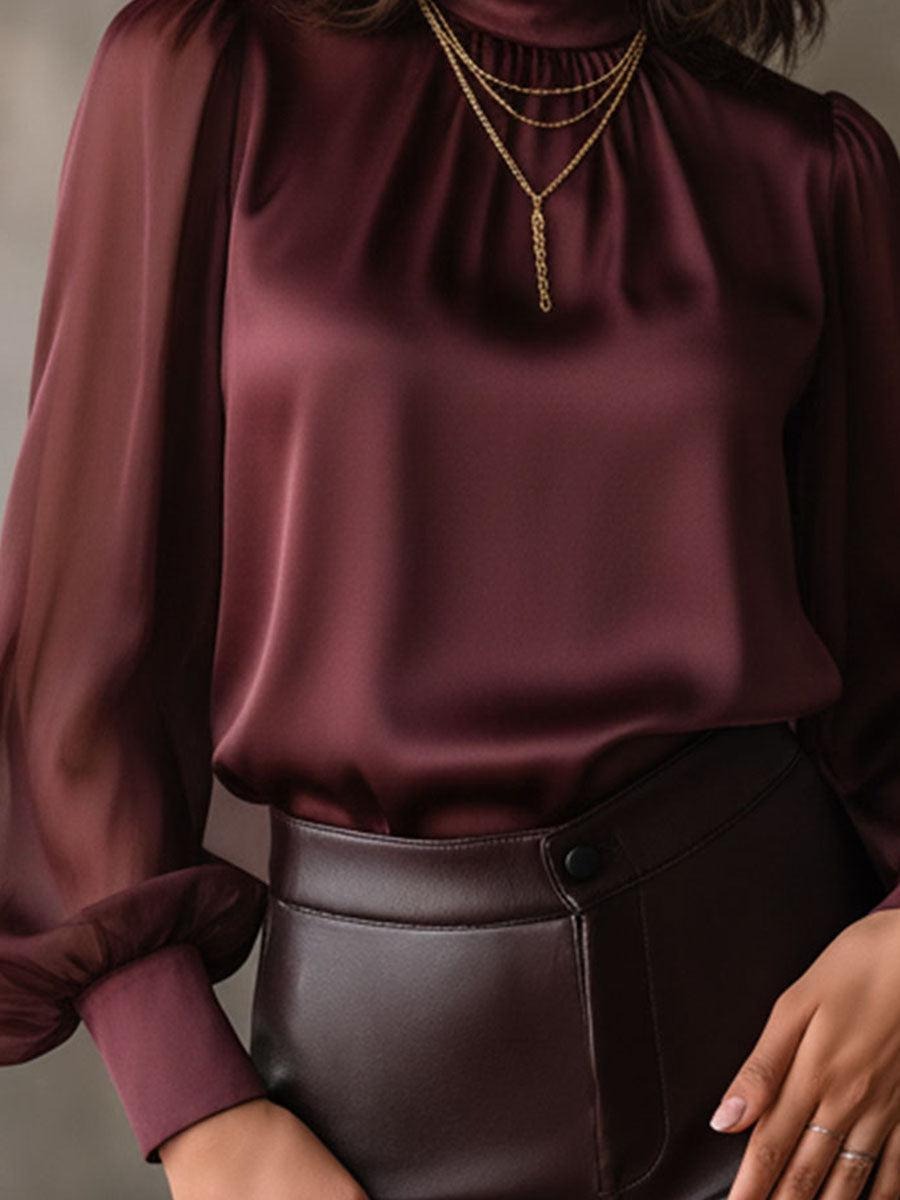 Elegant Burgundy Plain Top With Puffed Long Sleeve
