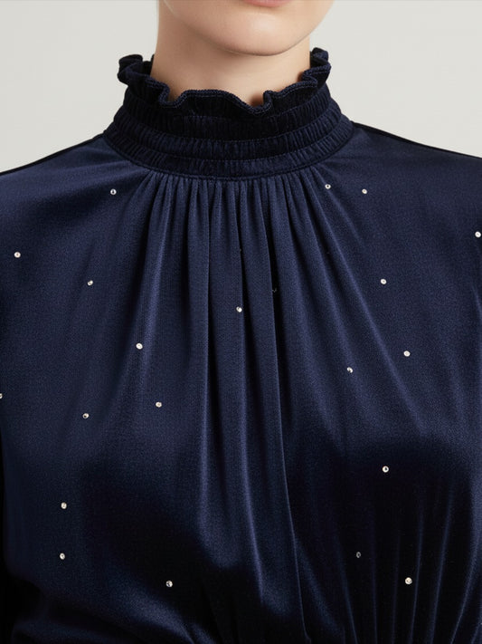 Elegant Retro Stand Collar Rhinestone Velvet Dress