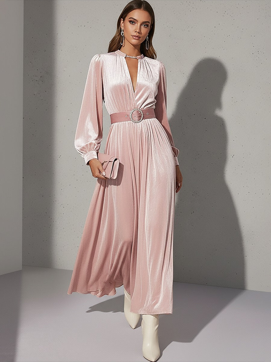 Elegant Retro Round Neck Long Sleeve Velvet Maxi Dress