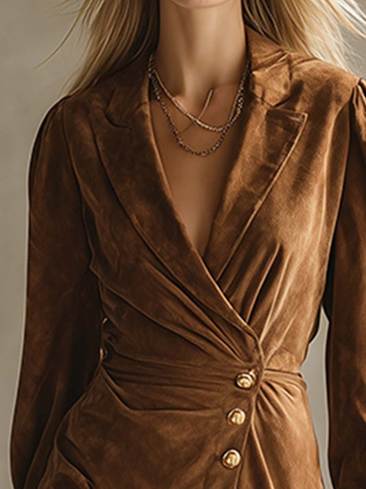 Vintage Western Elegant Lapel Brown Faux Suede Maxi Dress