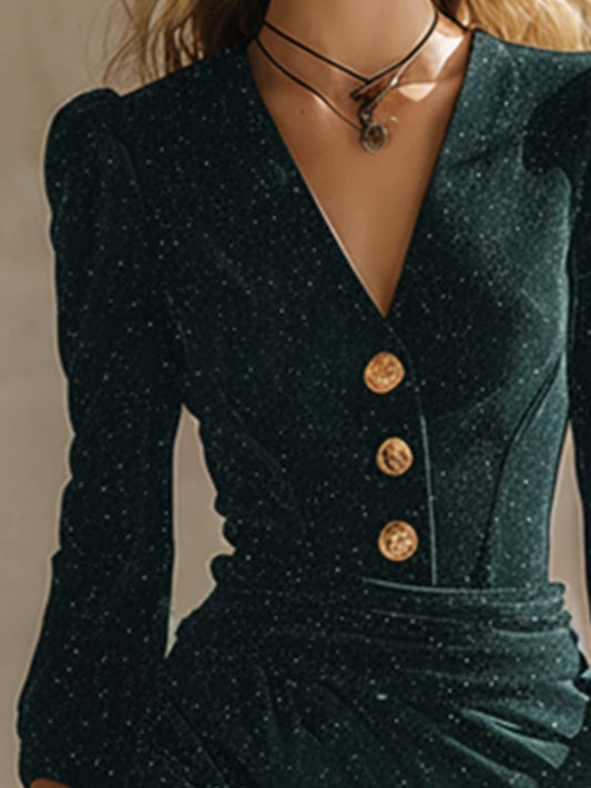 Vintage Exquisite Emerald Green Shimmering Stretch Long-sleeved Midi Dress