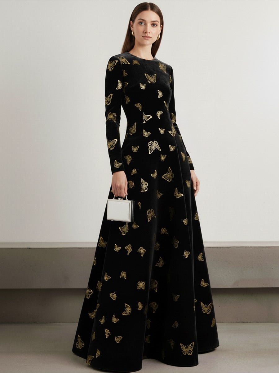 Elegant Round Neck Long-sleeved Gilded Butterfly Velvet Dress