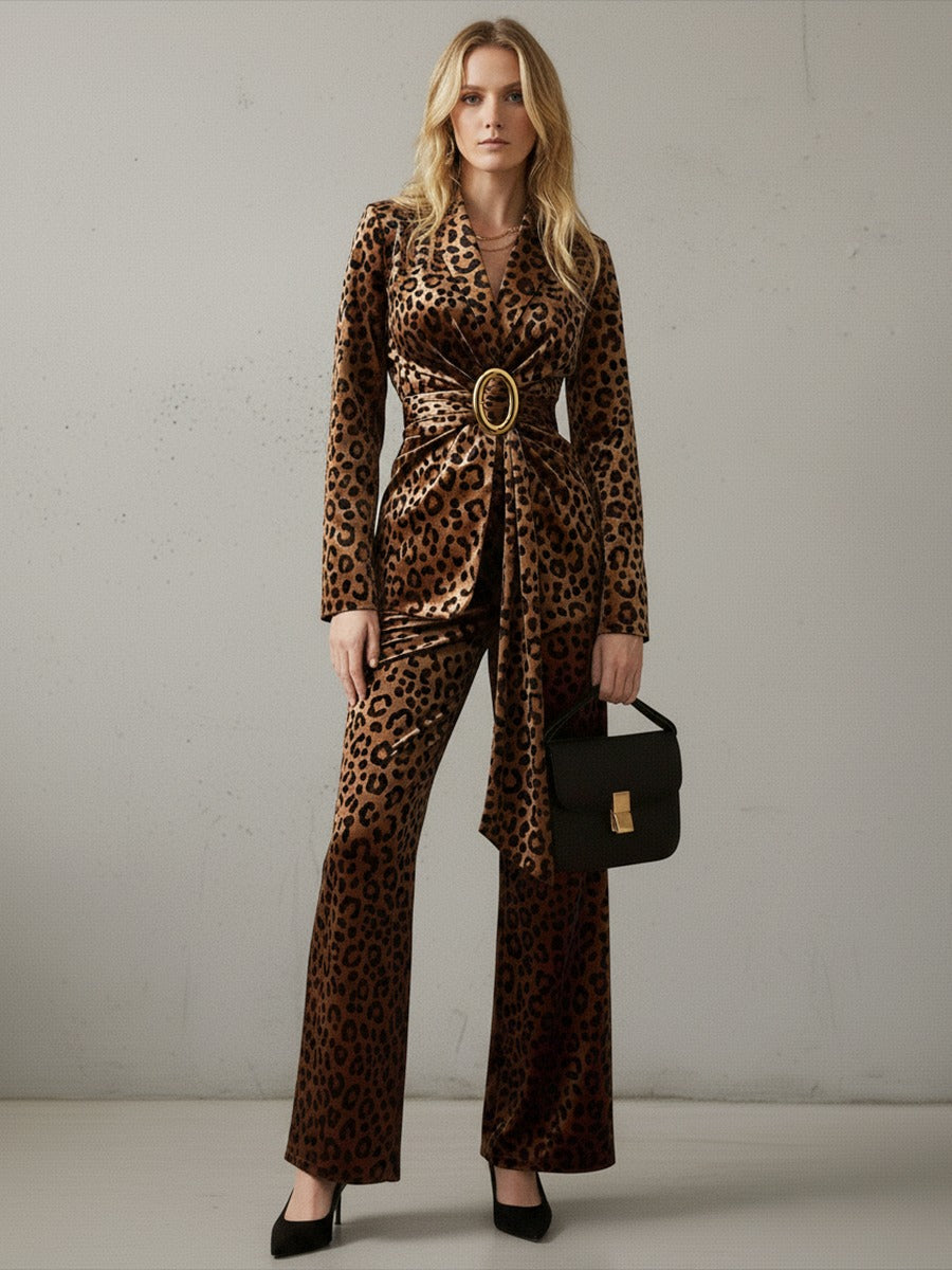 Vintage Leopard Print Velvet Blazer And Trousers Set