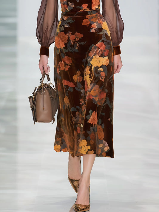 Retro Elegant Floral Print Stand Collar Long Sleeve Velvet Dress