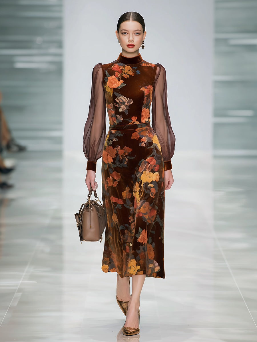 Retro Elegant Floral Print Stand Collar Long Sleeve Velvet Dress