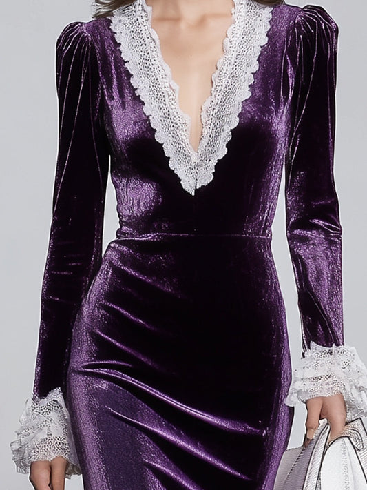 Purple V-neck Splicing White Lace Midi Dress