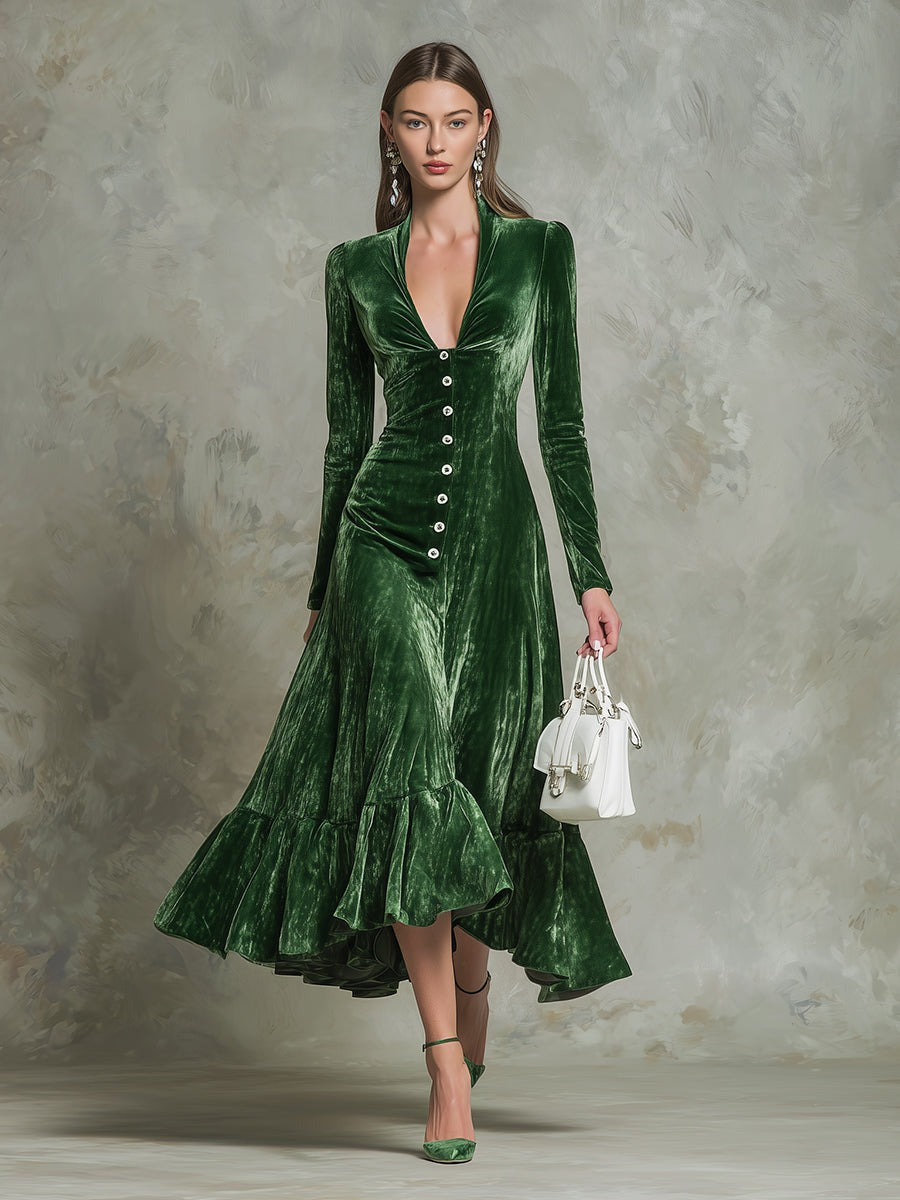 Green Velvet Button-stitched Skirt Midi Dress