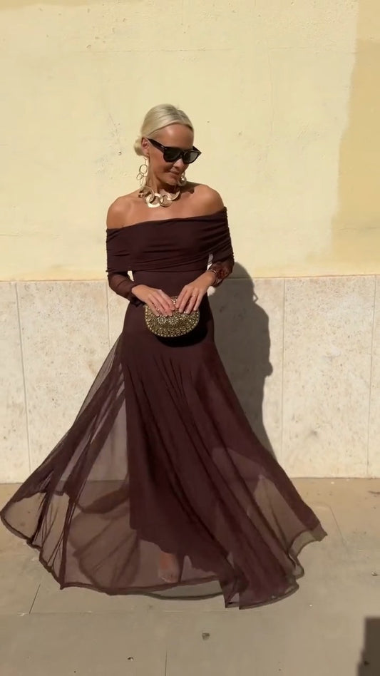 Chocolate Brown Off-Shoulder Maxi Dress