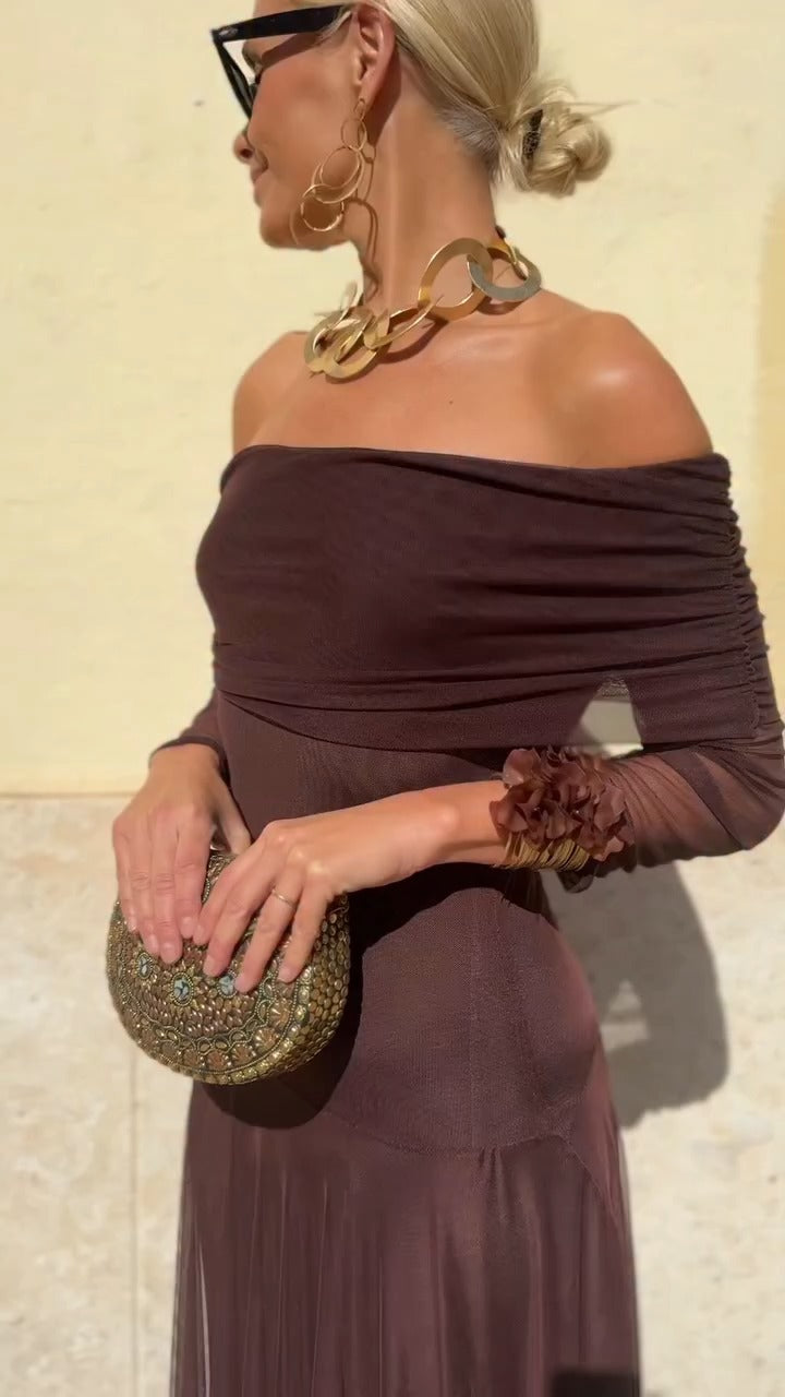 Chocolate Brown Off-Shoulder Maxi Dress