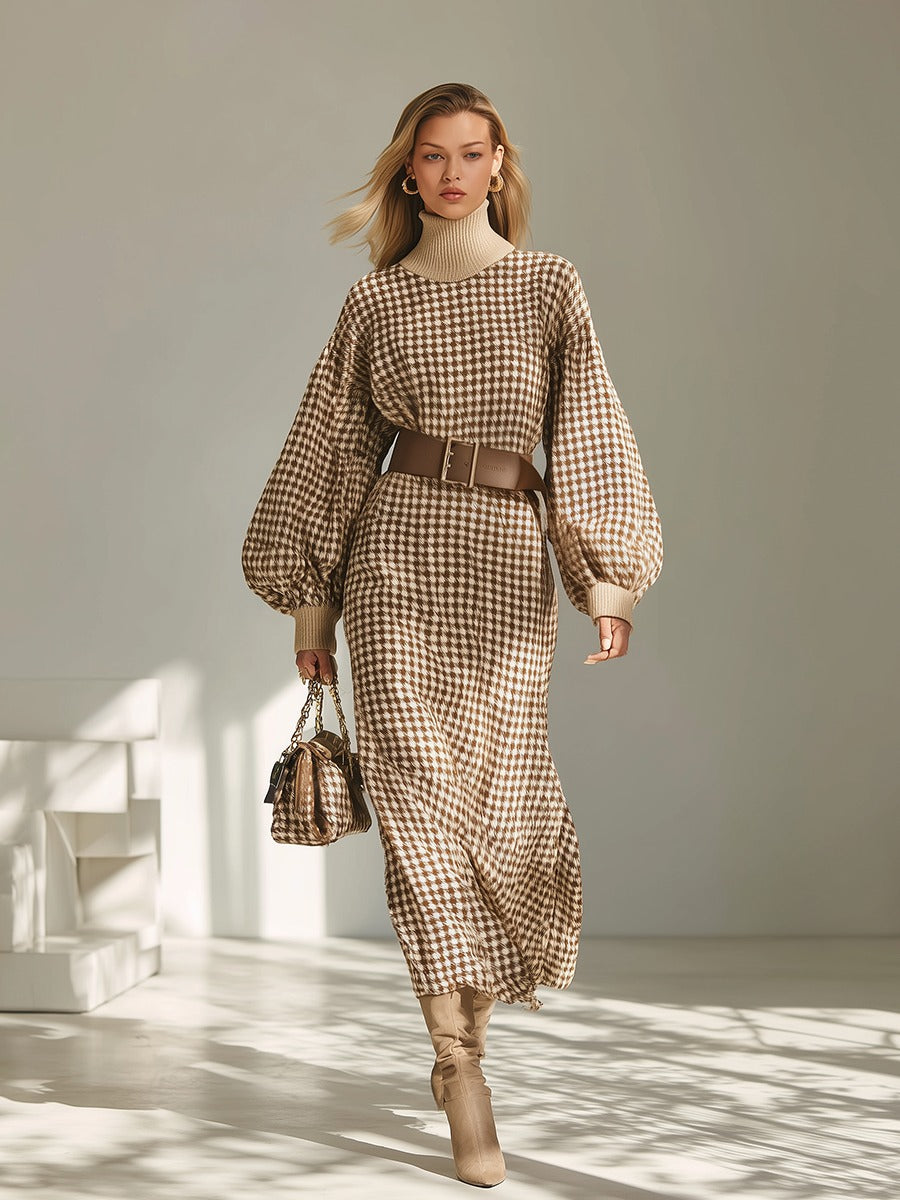 Retro Classic Houndstooth High Collar Long Sleeve Knitted Dress