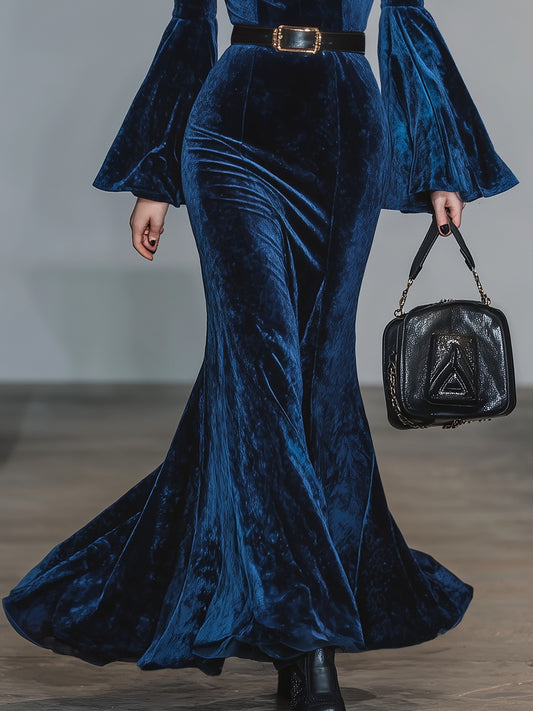 Retro V-Neck Bell Sleeve Velvet Maxi Dress