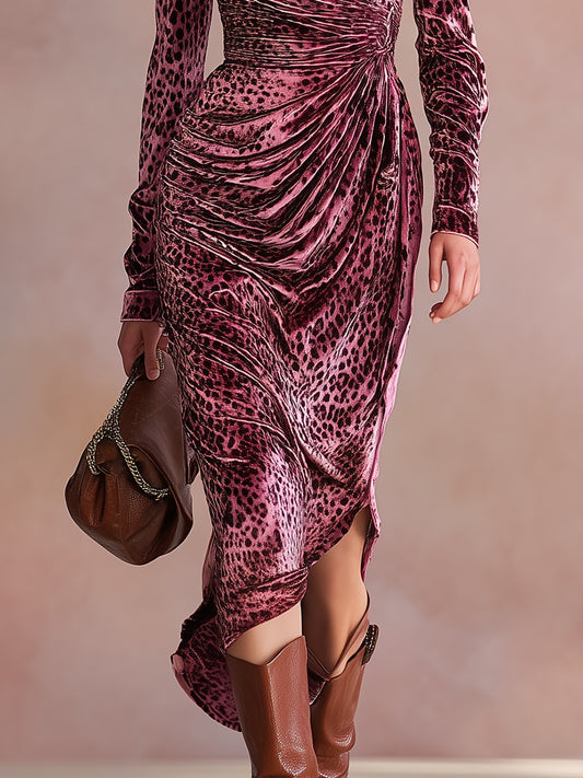 Retro Elegant Leopard Print V-Neck Velvet Dress