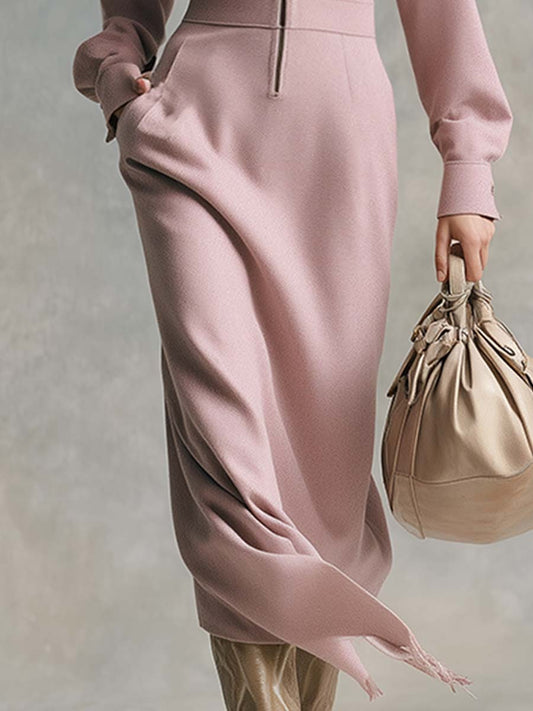 Fashionable Warm Lapel Front Zipper Pink Woolen Maxi Dress