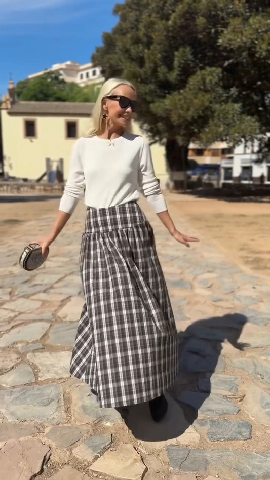 White Knit Top & Black-White Plaid Maxi Skirt Set
