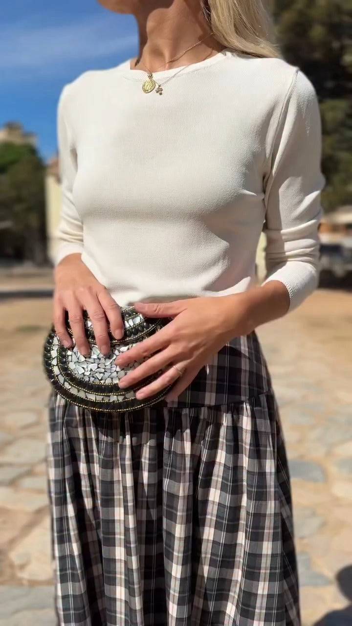 White Knit Top & Black-White Plaid Maxi Skirt Set