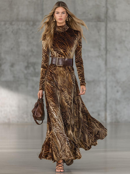 Luxury Velvet Tiger Print Mock Neck Maxi Dress