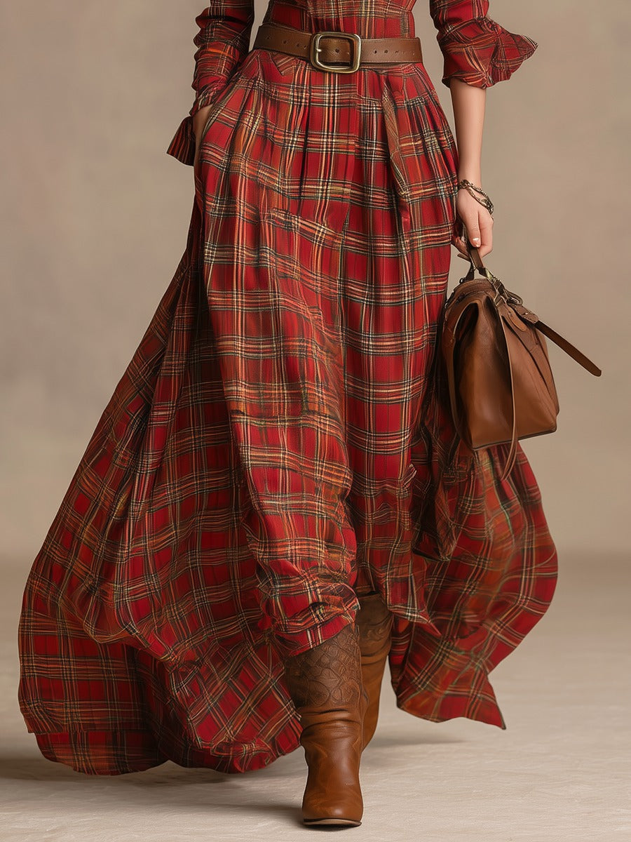 Fashion Vintage Plaid Lapel Long-sleeved Maxi Dress