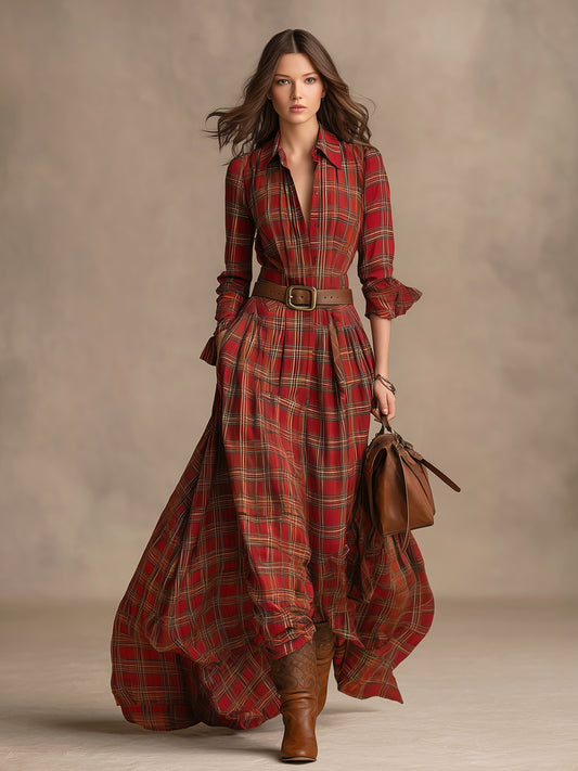 Fashion Vintage Plaid Lapel Long-sleeved Maxi Dress