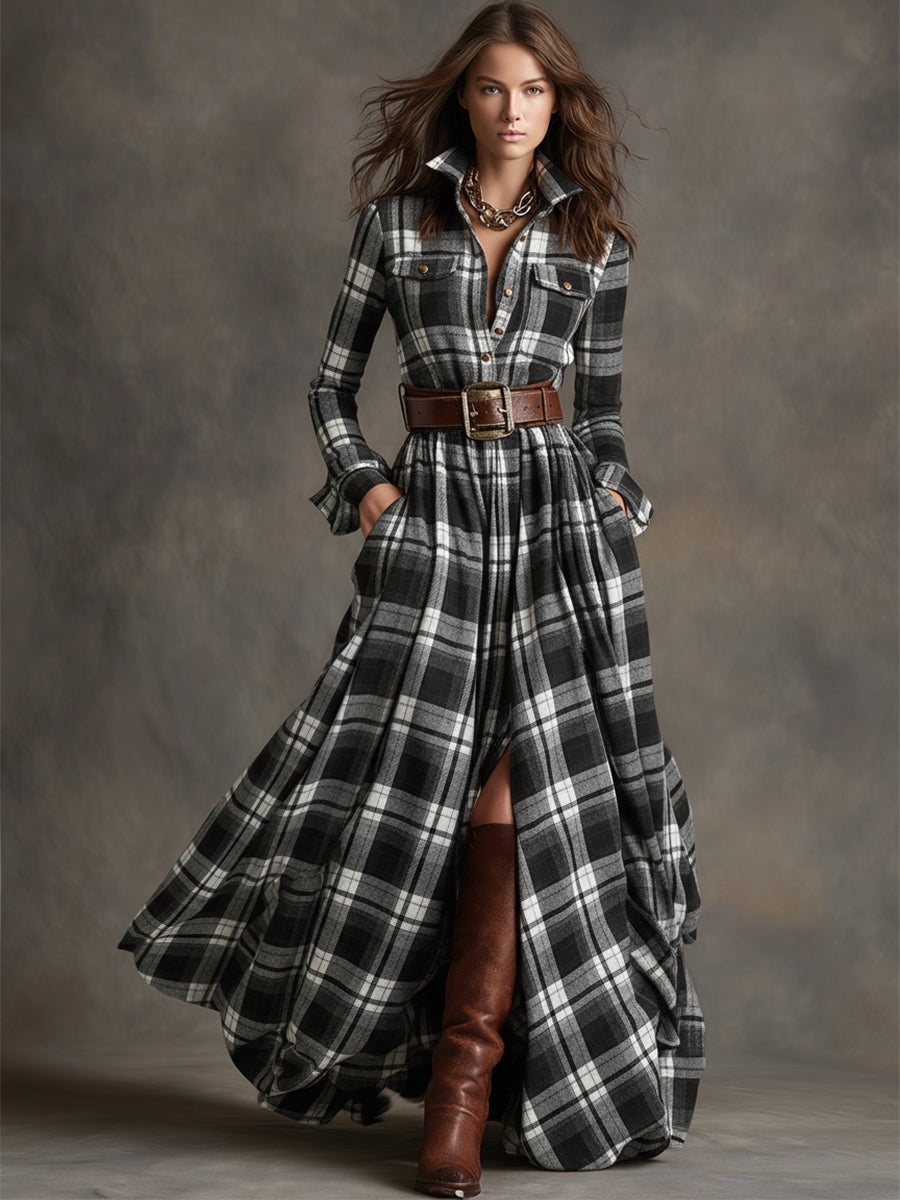 Retro Ethnic Style Lapel Plaid Maxi Dress