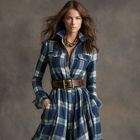 Retro Ethnic Style Lapel Blue Plaid Maxi Dress