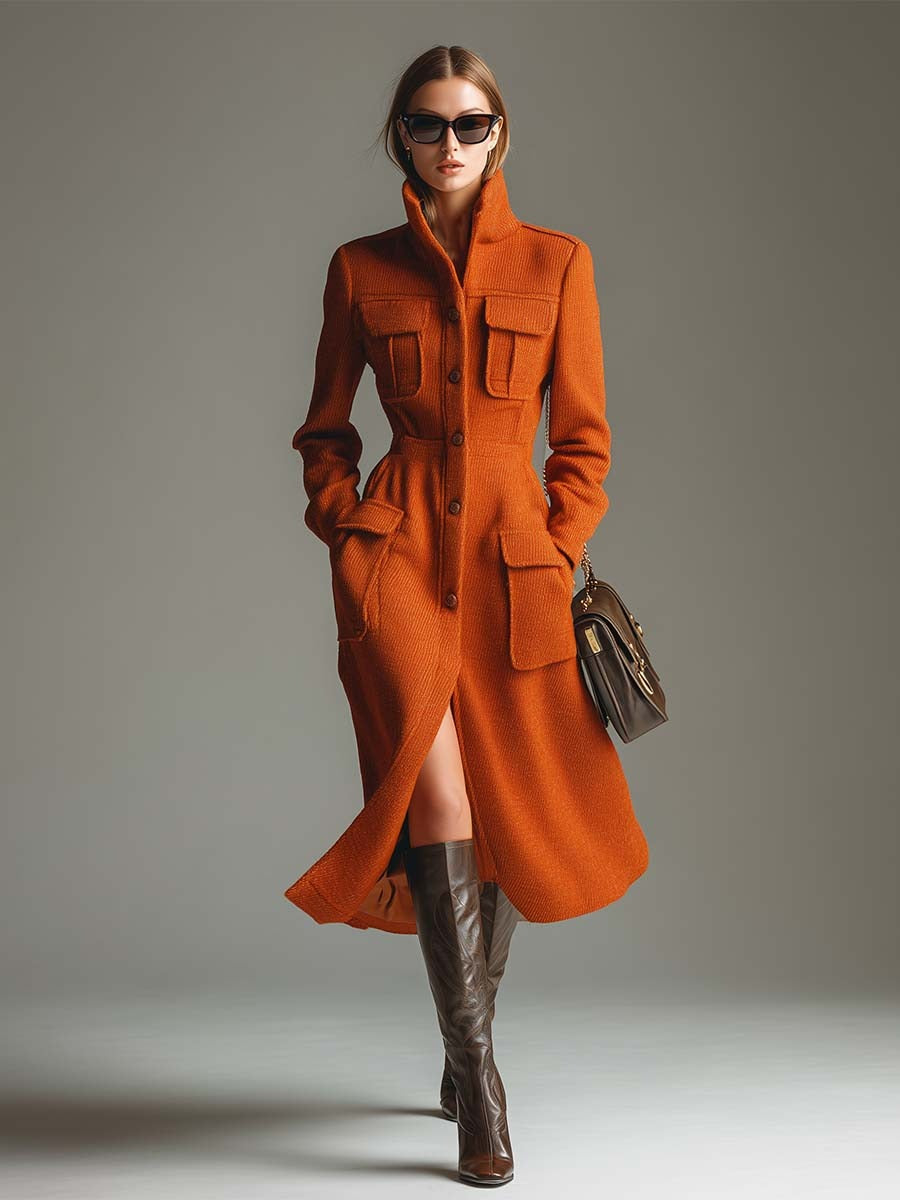 Elegant Urban Lapneck Orange Pocket Mid-length Coat